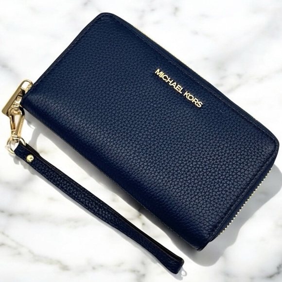 Michael Kors Large Jet Set Travel Flat MF Phone Case Wallet Navy Blue - Picture 6 of 8